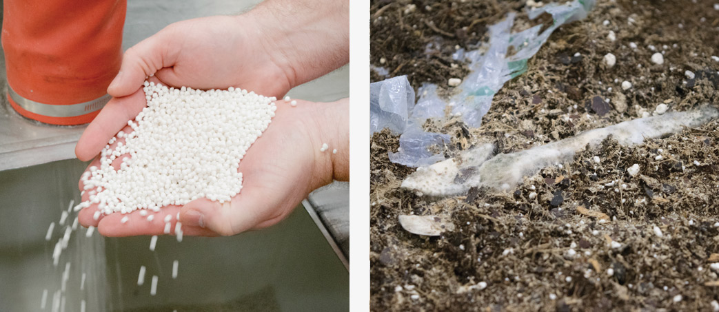 beads falling out of cupped hands, plastic spoon degrading in dirt
