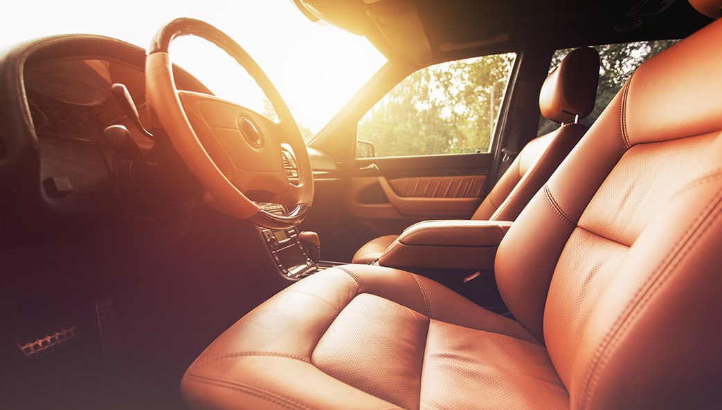 car interior with bright sun outside